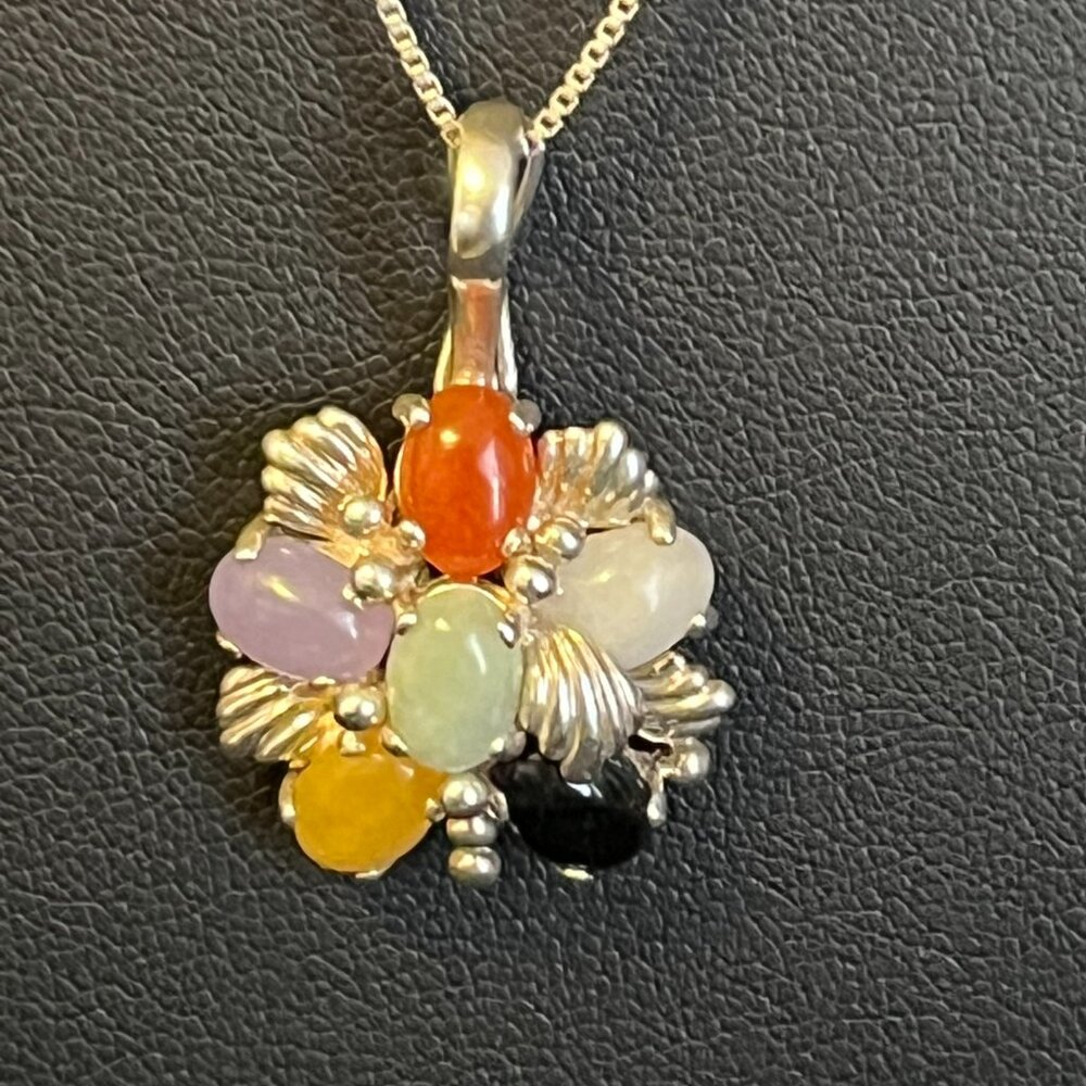 Vintage Sterling Silver Multi‑Stone Mixed Jade Pendant Necklace